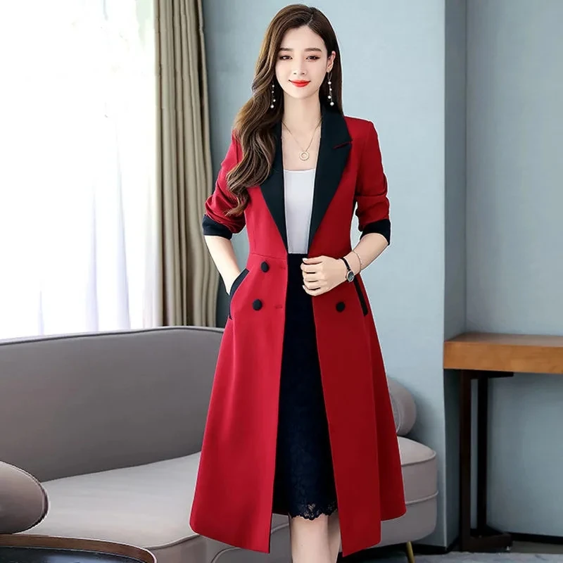 Women Elegant Long Windbreaker Korean Fashion Casual A-Line Trench Coat V-Neck Double Breasted With Belt Office Lady Overcoat