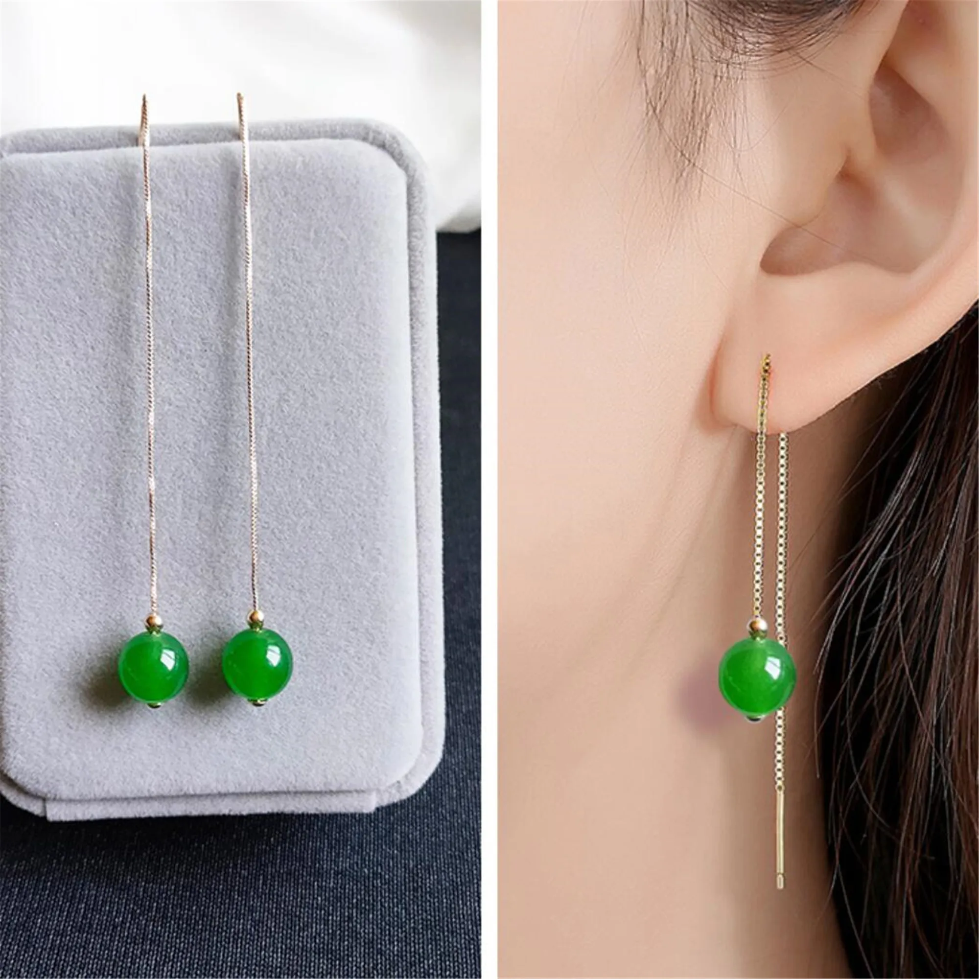 A pair Chrysoprase jade Gemstone DIY Earrings 18K Ear hook DIY jewelry Dangle Luxury Earlobe Popular women  For Her simple