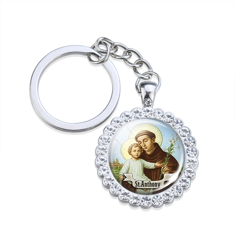 Saint Keychain Religious Gift Jewerly St Michael St Anthony St Therese St Joseph Rhinestone Pendant Keychains Keyrin