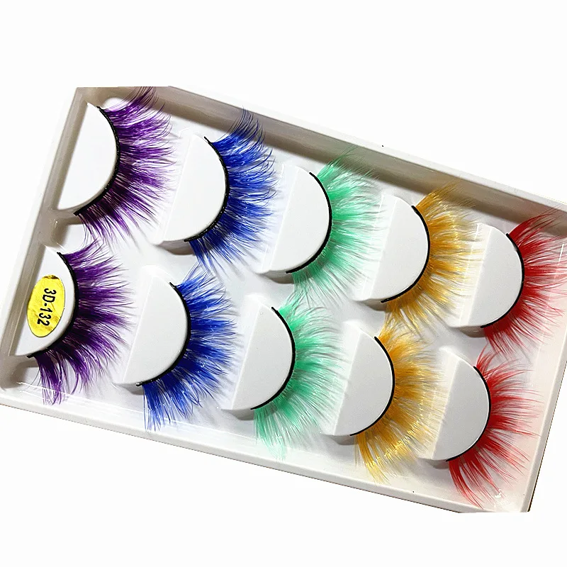 5 Pairs 3D Colored Faux Mink Eyelash Red Yellow Green Purple Colorful Fluffy High Volume Makeup Beauty Rainbow Lashes