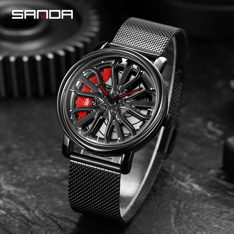 Montre à cadran rotatif de roue de voiture pour hommes, montre-bracelet à quartz étanche, marque supérieure, luxe, mode, QW035