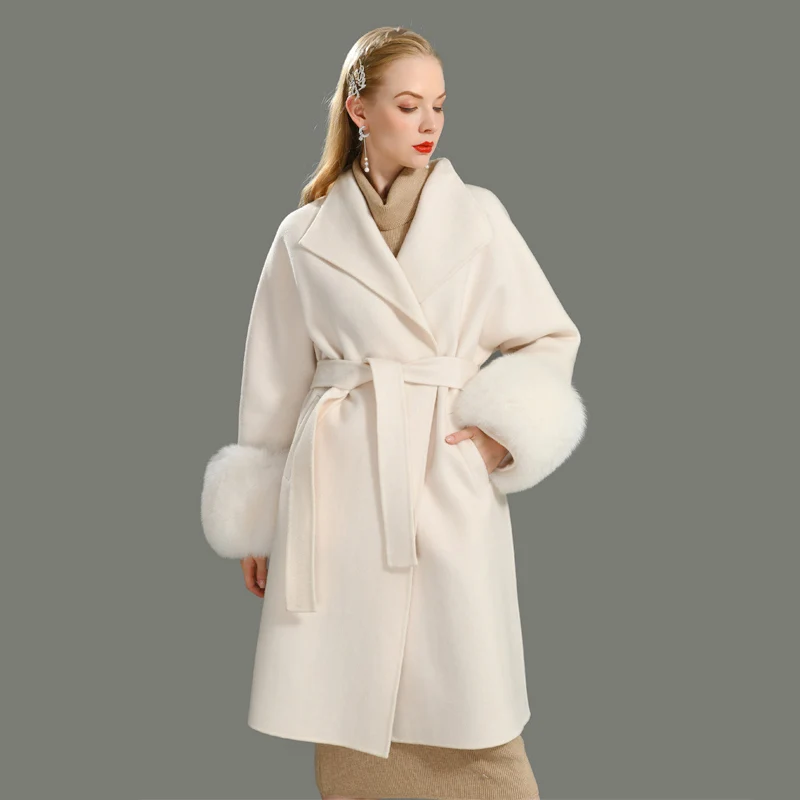 Jxwatcher Autumn Winter Women Long Style New Fashion Cashmere Wool Coat Double-sided Woolen Coat with Luxury Big Real Fur Cuffs