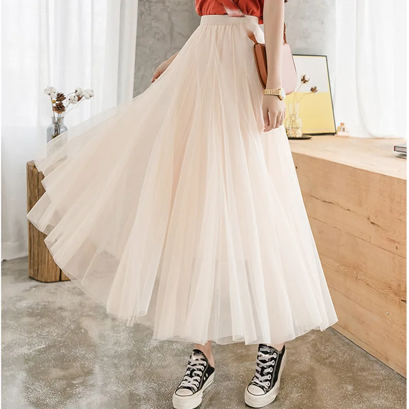 Pink Gray 98cm Long Maxi Ankle Length Tulle Skirt Womens 2022 New Spring Summer High Waist Pleated School Mesh Tutu Skirt Female