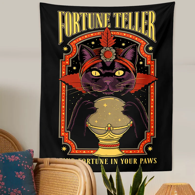 Black Tapestry Wall Hanging Tarot Cat Witchcraft Tapestry Art Divination Baphomet Occult Home Wall Black Cool Decor Cat Coven