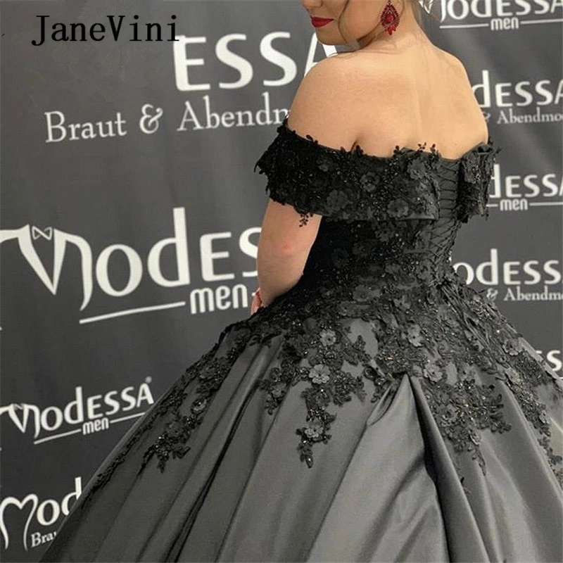 JaneVini-vestido de baile de cetim frisado com ombro, vestidos longos Quinceanera, árabe, vintage, preto, concurso, 2020