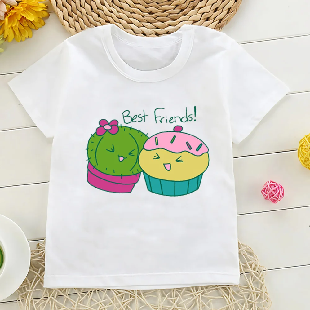 男の子と女の子のためのサボテンの絵が描かれたTシャツ,半袖の白い夏のTシャツ,ykp196