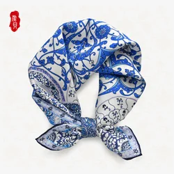 Chinese classic blue white porcelain natrual silk scarf spring women real silk scarves 50cm small square headband wrap for lady