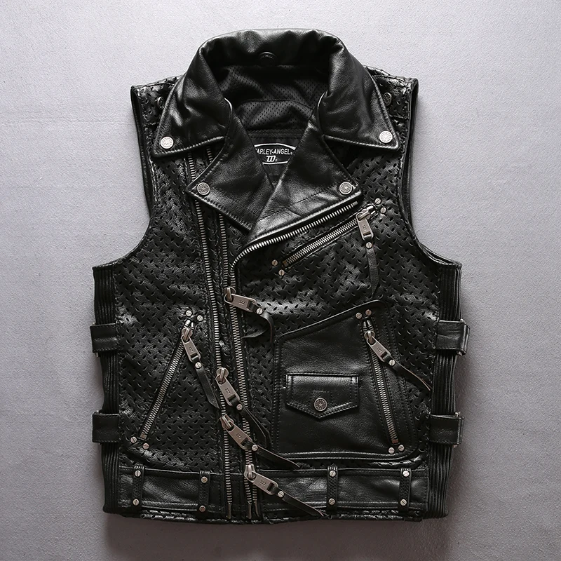 5 days arrival,Men's Genuine Leather Vest Mesh Breathable Oblique Zipper Thick Motorcycle Rider Vest Plus Size Sleeveless Coat