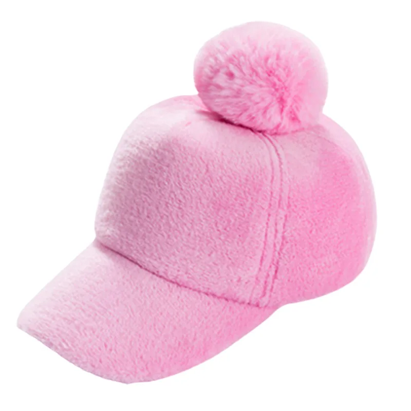 Kids Plush Baseball Cap Girl Winter Pom Hat Warm Pink Grey Blue Ages 4-10 Years