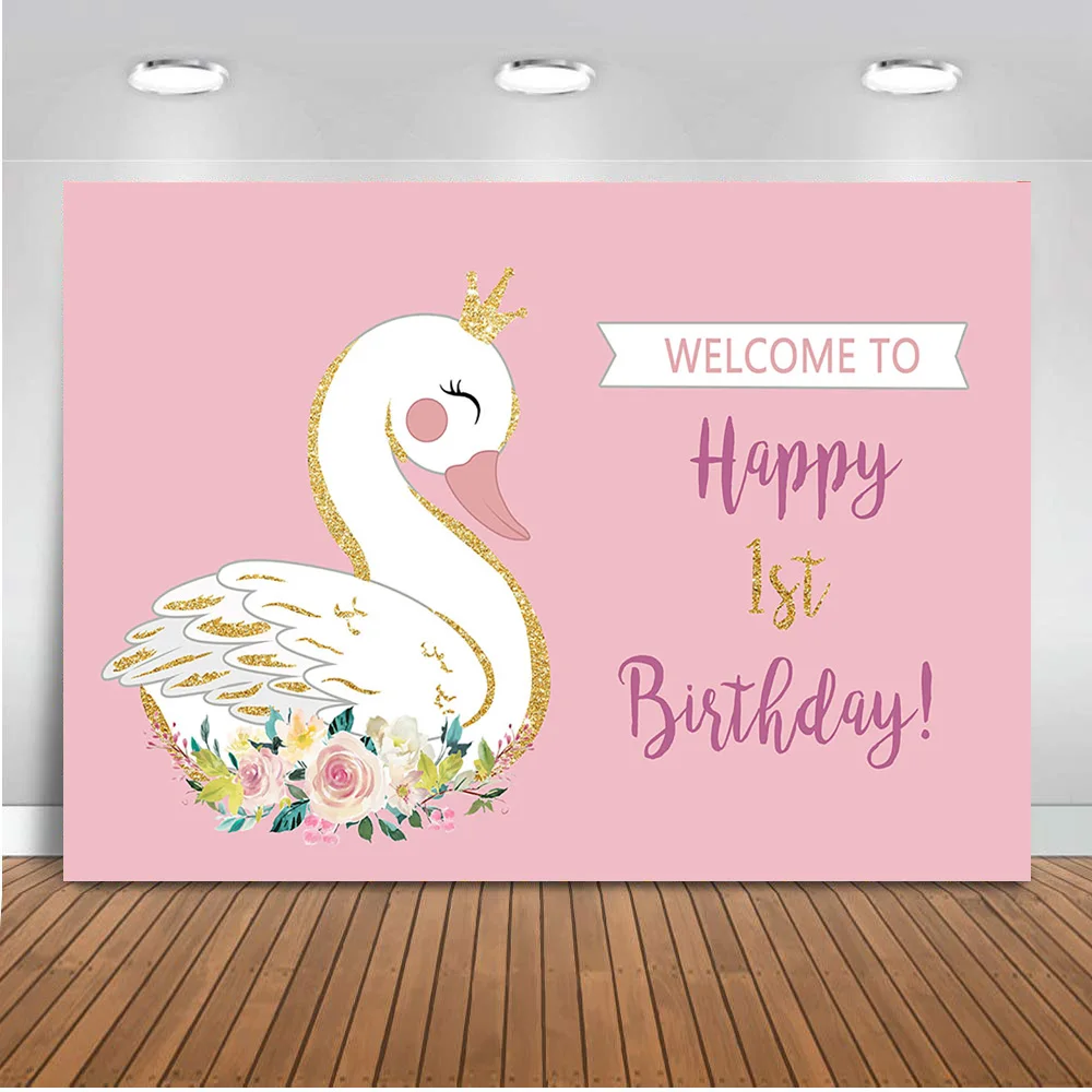 Mocsicka Hintergrund zum 1. Geburtstag, Cisne Blanco-Thema, Fotohintergrund, Studio, rosa Wand, weiß, niedliche Schwanenblume, Fotografie-Hintergründe