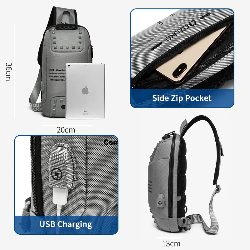 OZUKO Fashion Men nit Crossbody torby Anti-theft torba USB ładowanie torba piersiowa krótka wycieczka wodoodporna torba na ramię