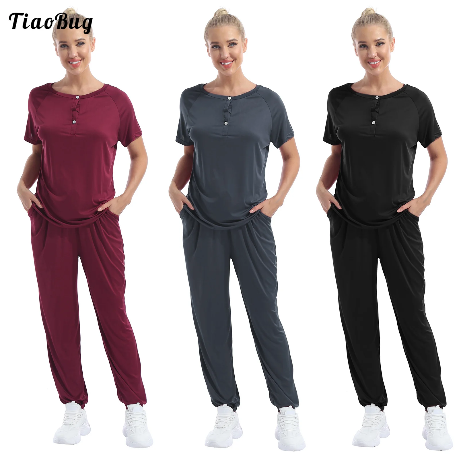 Summer Casual Women 2Pcs SportSuit Round Neck Short Sleeves T-Shirt Top With Pants Set For Sport Fitness Yoga Leisure Wear