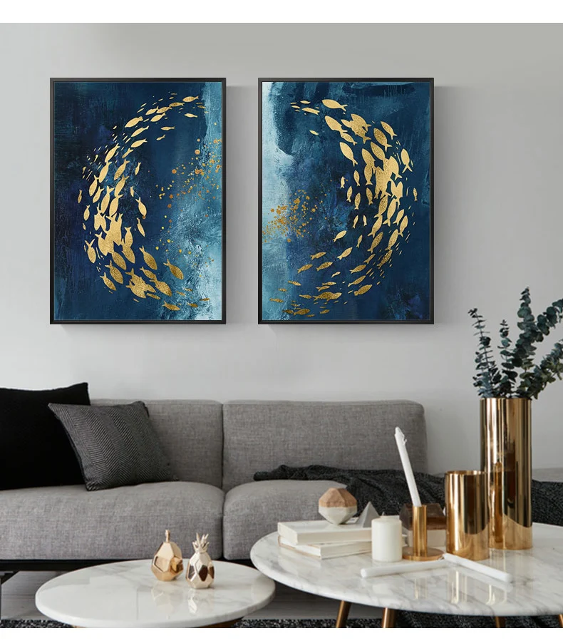 

EECAMAIL DIY Diamond Painting Handicraft No Frame Full Diamond Golden Fish Living Room Abstract Light Luxury Triptych Painting