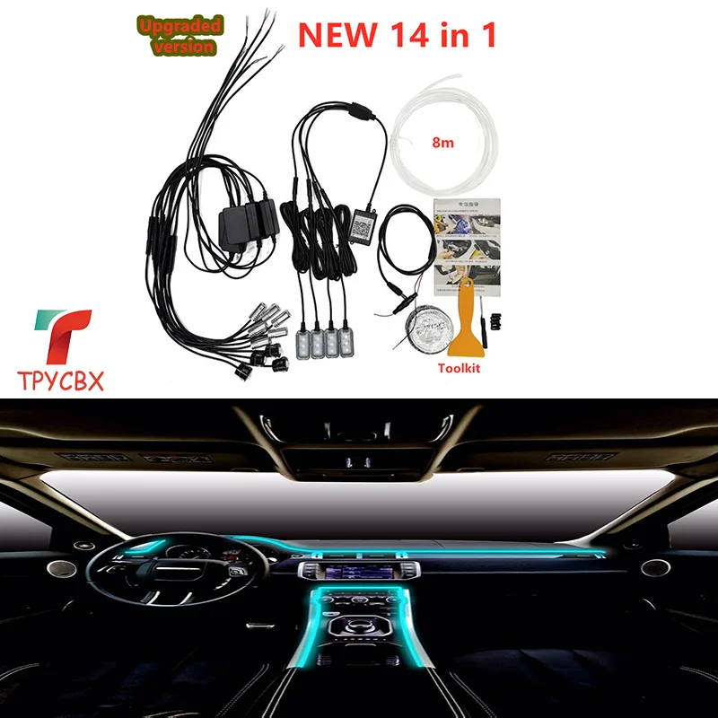 

14 in 1 RGB LED Atmosphere Car Light Interior Ambient Light Fiber Optic Strip Light by App Control DIY Music 8M Fiber Optic Band