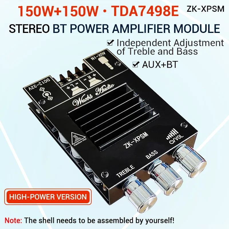 ZK-XPSM 150W*2 TDA7498E  Stereo Treble Bass Adjustment Bluetooth Audio Power Amplifier Board Module Dual Channel Heat Sink