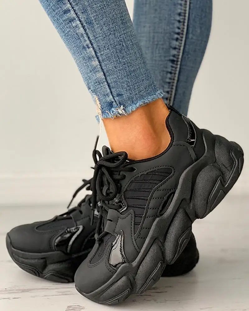 2021 New Women Shoes Black Platform Sneakers Casual Lace Up Thick Sole Shoes Female Chunky Sneakers Leather Vulcanize Shoes