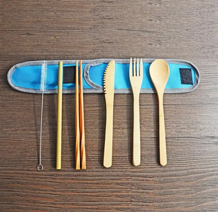 

100sets Bamboo Cutlery Set Reusable Picnic Outdoor Flatware Set Travel Utensils Straw Spoon Knife Fork Spoon Brush Wholesale