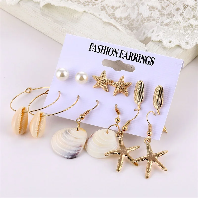 Bohemian Sea Shell Earrings Set For Women Gold Color Geometric Drop Earring Brincos Boho Summer Beach Earrings Fashion Jewelry