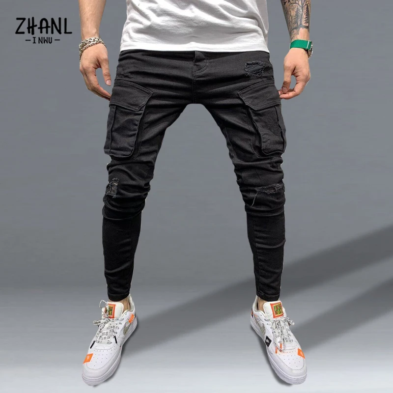 Streetwear Men Skinny Black Jeans Cargo Pants Male Multi-Pocket Slim Y2k Man Trousers Hip Hop Casual Jogging Denim Pants
