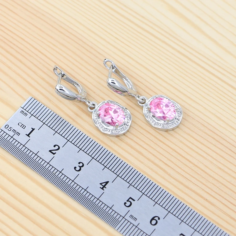 925 Sterling Silver Jewelry Set Pink Cubic Zirconia Egg-shaped Ring Earrings Pendant Chain Bracelet Sweet Jewelry for Women