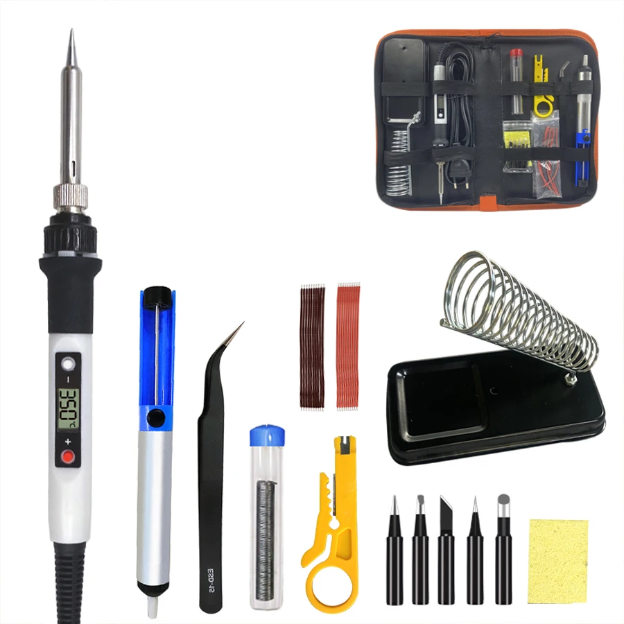 Soldering iron kit adjustable temperature 80W LCD solder welding tools Ceramic heater soldering tip Desoldering Pump Family Pack