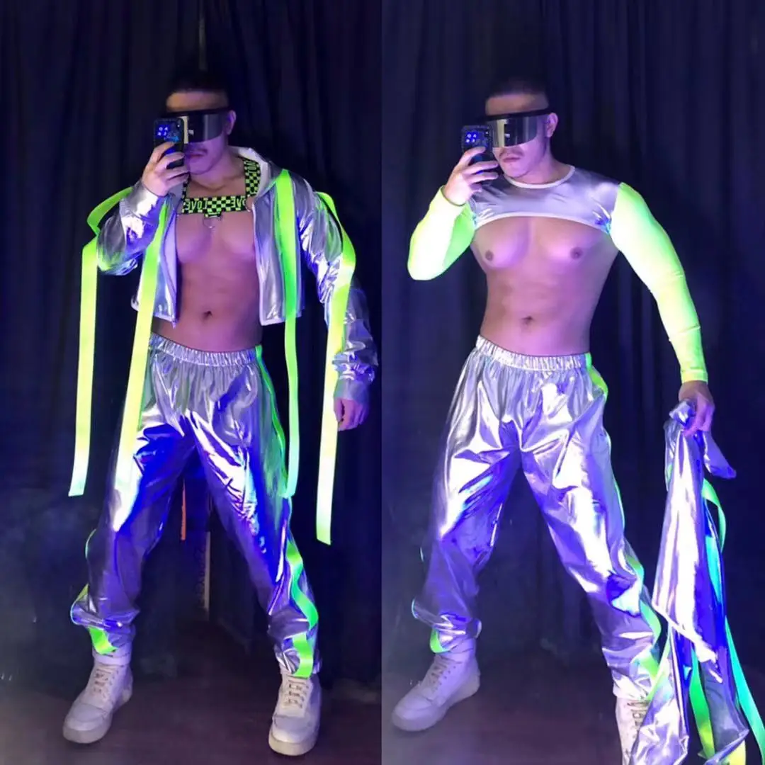 Nightclub Stage Costume For Men Future Technology Sense Patent Leather Suit Gogo Dancewear Party Festival Rave Outfit VDB4033