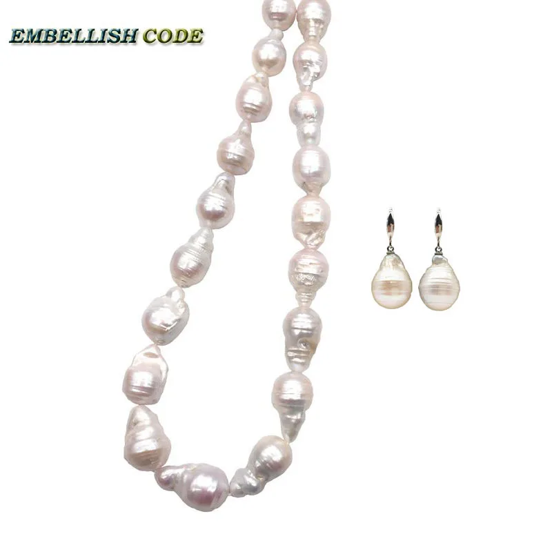 

Freshwater White Huge Tissue Nucleated Flame Ball Pear Shape Baroque Pearls Statement Necklace Simple Hook Earring Groove Ring