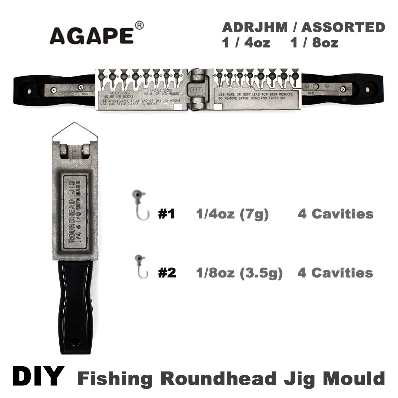 

Agape DIY Fishing Roundhead Jig Mould ADRJHM/ASSORTED COMBO 1/4oz(7g) 1/8oz(3.5g) 8 Cavities