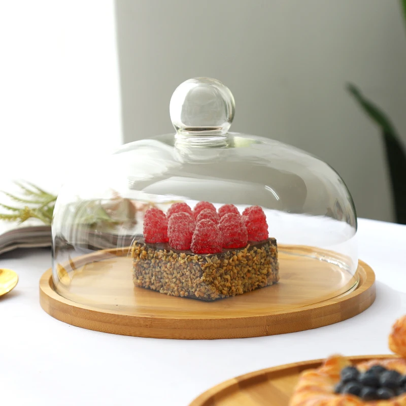 Bandeja de exhibición de pasteles, cubierta transparente de vidrio, caja de degustación de frutas y postres, pan de pastelería y degustación de pastelería, cubierta de madera