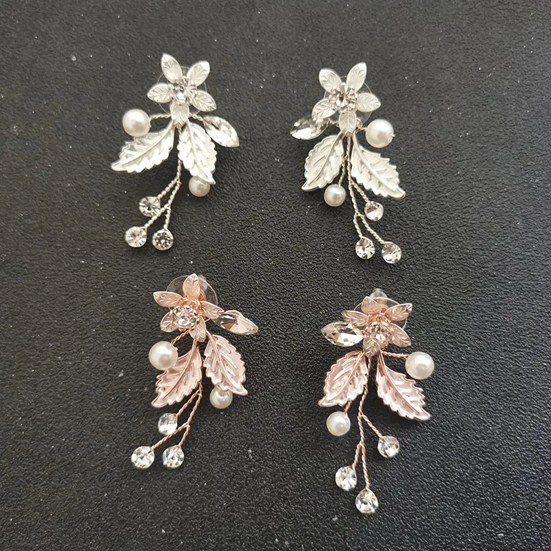 

SLBRIDAL Handmade Rhinestones Crystals Pearls Flower Leaf Wedding Dangle Earrings Bridal Drop Earrings Women Girls Jewelry