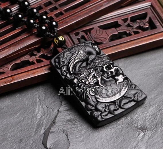 ธรรมชาติที่สวยงามสีดำObsidianแกะสลักAmulet Turtle Crane Luckyจี้ + ฟรีลูกปัดสร้อยคอผู้หญิงแฟชั่นผู้ชายเครื่องประดับ