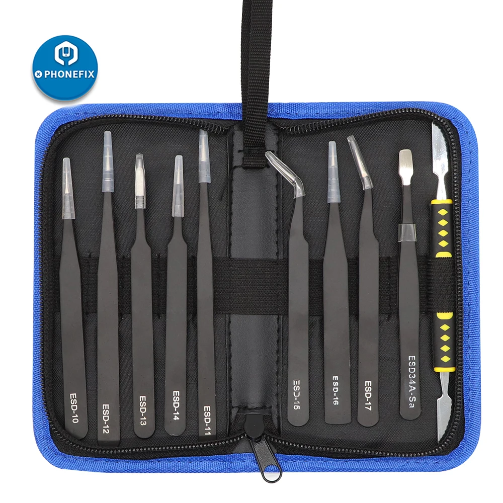 10Pcs Anti-Static ESDสแตนเลสสตีลแหนบเครื่องมือElectronics Industrial Precisionโค้งตรงซ่อมแหนบ