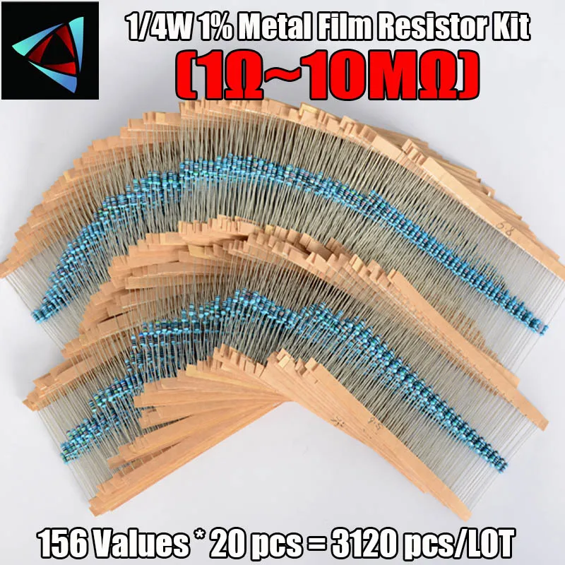 3120pcs 156Values Electric Unit 1/4W Power Metal Film Resistor Kit 1R-10M 1% Tolerance Assortment Set 1ohm-10Mohm samples pack