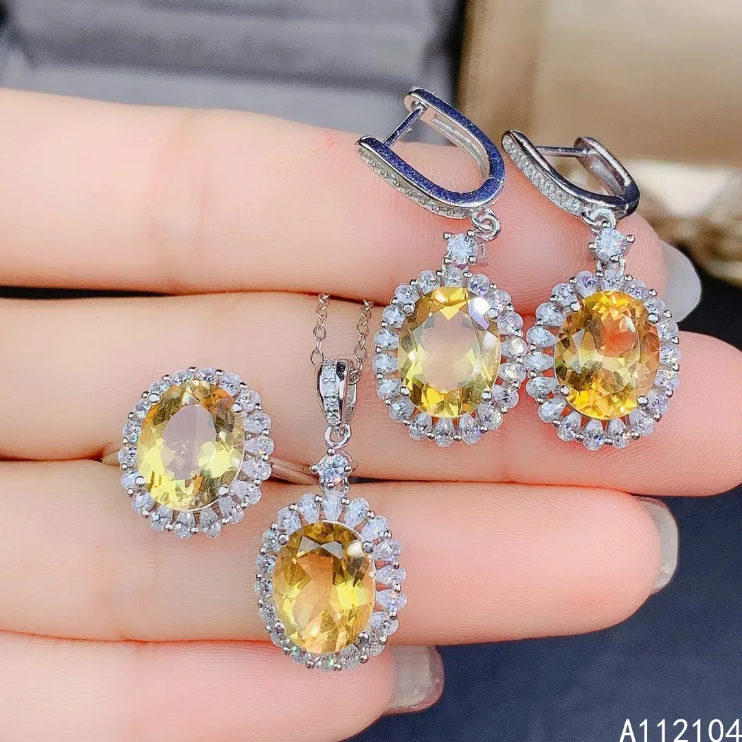 

KJJEAXCMY fine jewelry 925 sterling silver inlaid natural Citrine women noble vintage flower gem earrings ring pendant suit supp