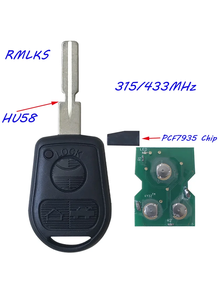 3 Buttons Car Remote Key Fob 315/433Mhz ID44 Chip For BMW Z3 E31 E32 E34 E36 E38 E39 E46 Z3i HU58 Key Blade