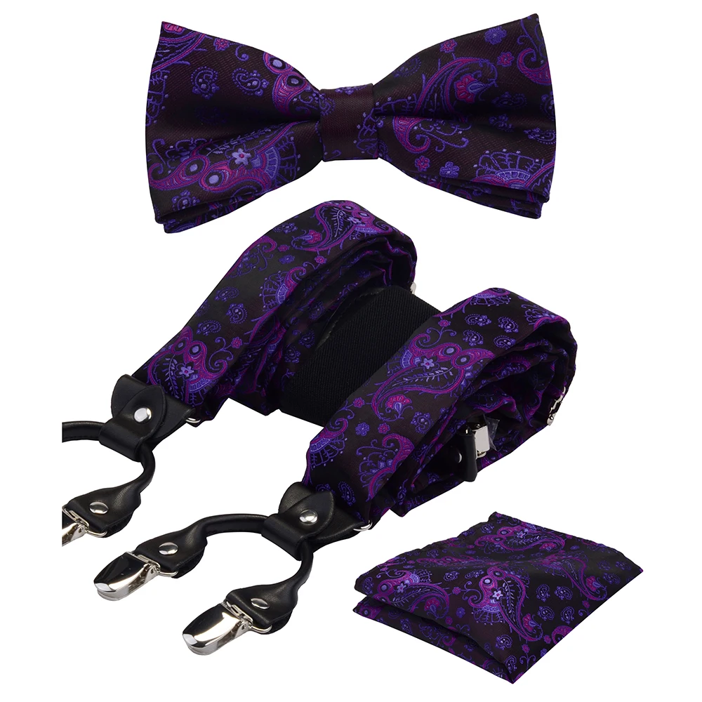 GUSLESON Mens Jarretel Bloemen Paisley Diverse Bretels Klassieke 6 Clips Y-vorm Bretels Bowtie en Pocket Vierkante Set