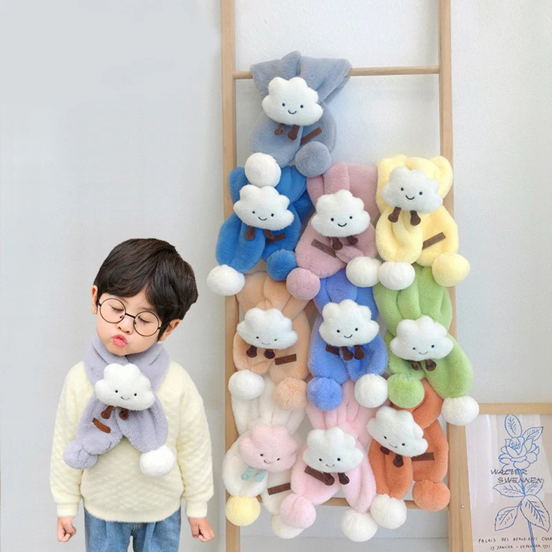 Children's Scarf Autumn And Winter Cute Artificial Fur Plush Clouds Cross Scarf Outdoor Warm Scarf Female Baby Soft Scarf Gift