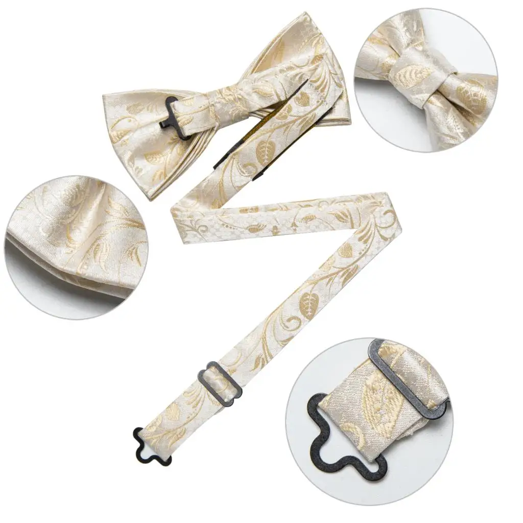 Herren-Fliege 3-teiliges Set Schwarz-Gold Blumenmuster Vorgebundene Fliege Manschettenknöpfe Einstecktuch-Set für Hochzeit Party Herren-Krawatte – Detail 4