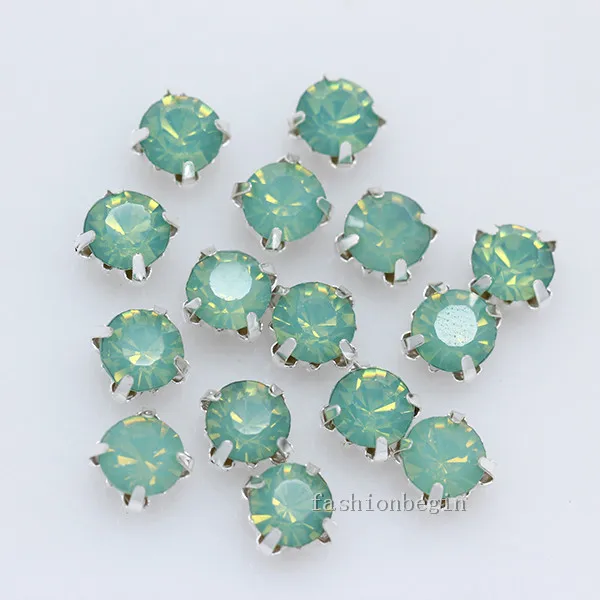 3/4/5/6/7/8mm green opal Sew on Round crystal glass Rhinestone Silver Claw montee 4-hole sewing Dress stone jewelry making beads