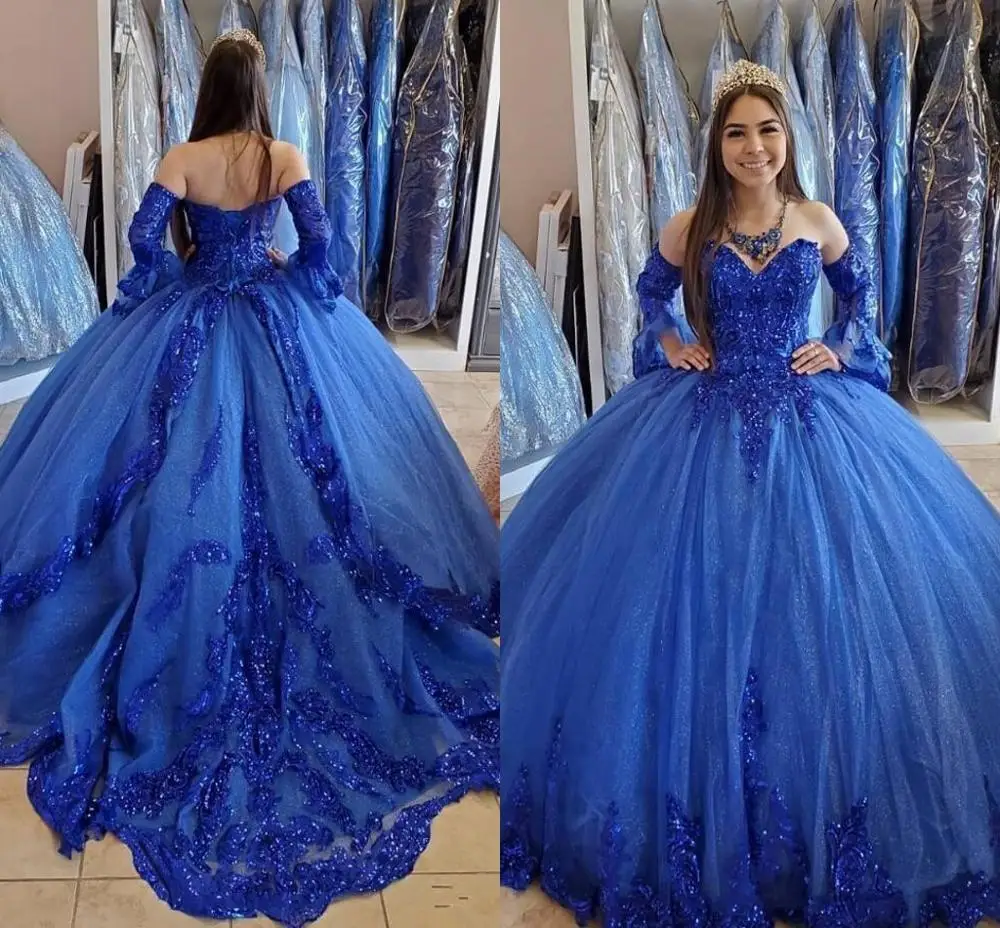 Vestidos de quinceañera de princesa azul real 2025, apliques de lentejuelas con cuentas, escote en forma de corazón con cordones, corsé en la espalda, vestido de fiesta dulce 16