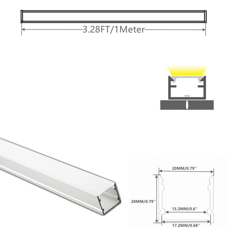 5/10-Pack 1M 40Inch U Shape LED Aluminium Channel Diffuser,17MM Wide Dual Row 5050 2835 Strip Milky Cover Profile 20MM High