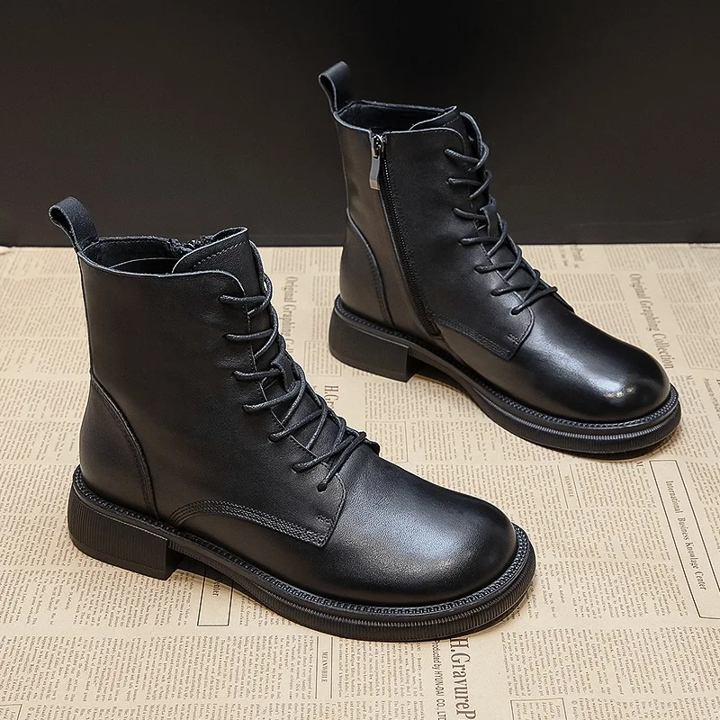 DRKANOL Fashion Cow Genuine Leather Women Ankle Boots Square Heel Short Boots Ladies Lace Up Warm Motorcycle Boots Black Booties