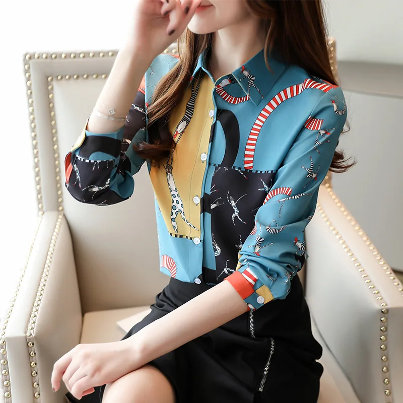 Elegant Chiffon Long Sleeve Printed Plus Size Blouse Shirts for Women Ladies Single Breasted Slim Polo Shirts Office Work Wear