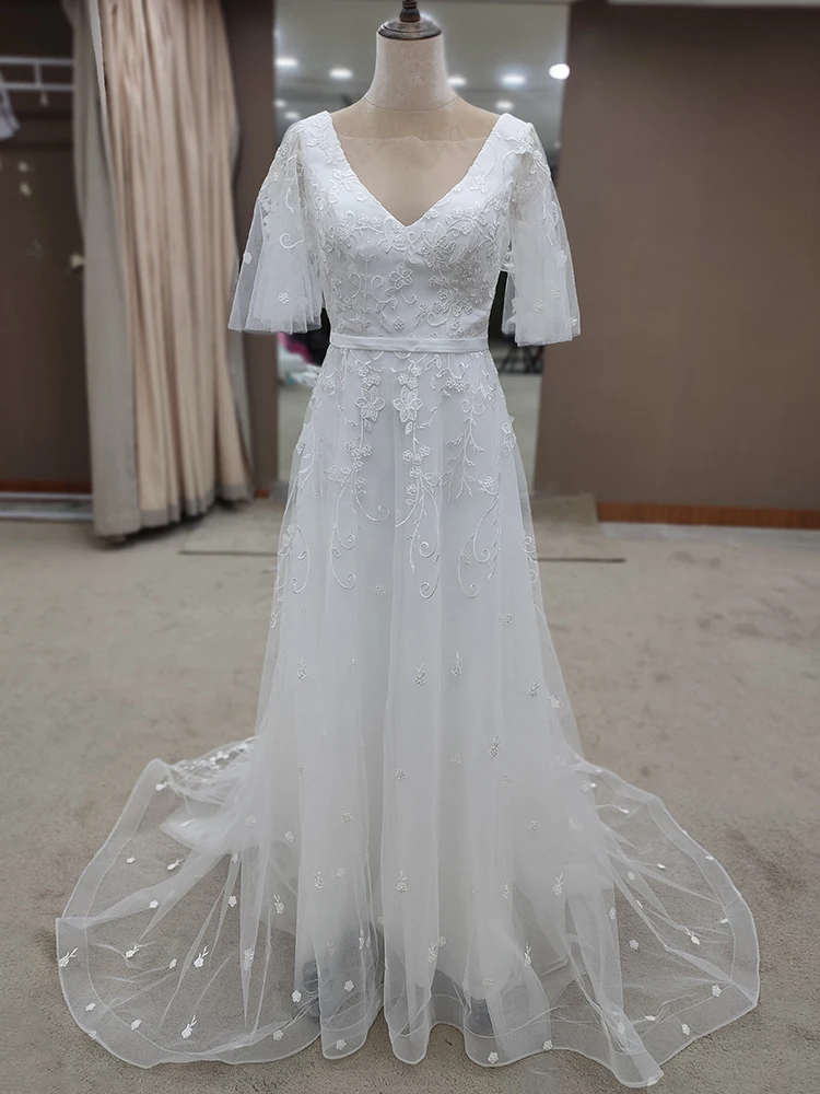 Floral Embriodered V-ausschnitt Hochzeit Kleid Prinzessin Nach Maß 3D Appliques 2022 Tüll Drapierten Ärmeln Romantische EINE Linie Brautkleider