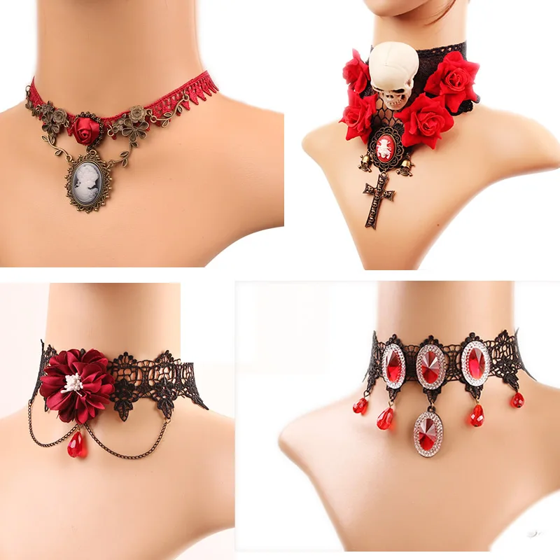 2025 gotycka biżuteria czerwony nietoperz naszyjnik na Halloween koronkowy Choker naszyjnik dla kobiet koszmar przed świętami bożego narodzenia czarny warstwowy naszyjnik