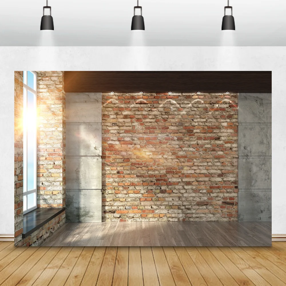 Laeacco Modern Living Room Stone Brick Wall Curtain Window Floor Light Interior Photography Background Backdrop For Photo Studio