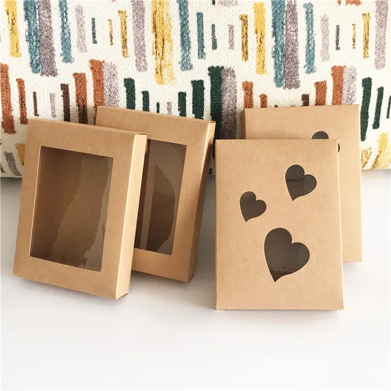 

50PCS DIY Vintage Kraft Paper Gift Box Package With Clear PVC Window Candy Favors display Packaging Box