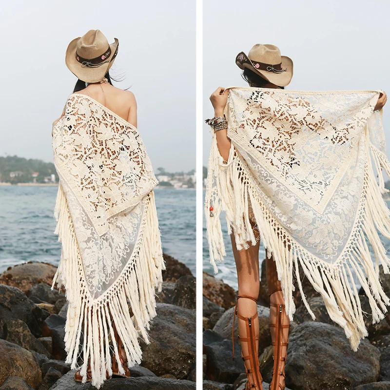 Fashion New Women Sexy Summer All-Match Seaside Beach Vacation Hollow Out Tassel Cotton Lace Big Shawl Scarf