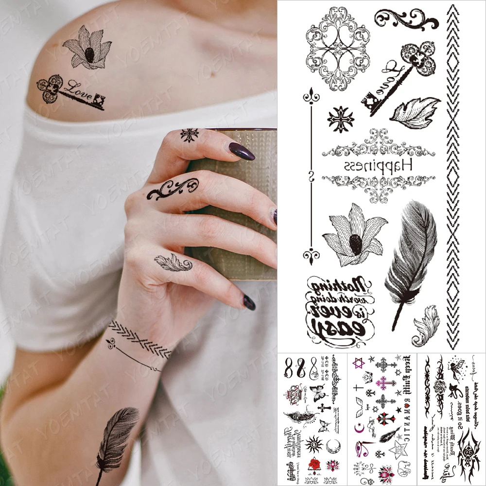 

Feather Key Lout Waterproof Temporary Tattoo Sticker Black Love Text Word Letter Body Art Arm Wrist Leg Fake Tatoo For Women Men