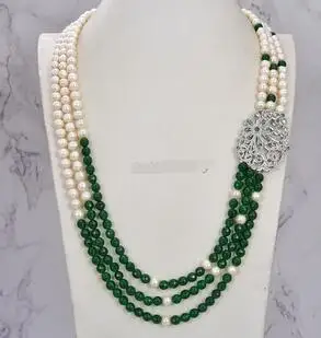 

free shipping Jewelry 20" White Pearl Green Jade Necklace CZ Pendant